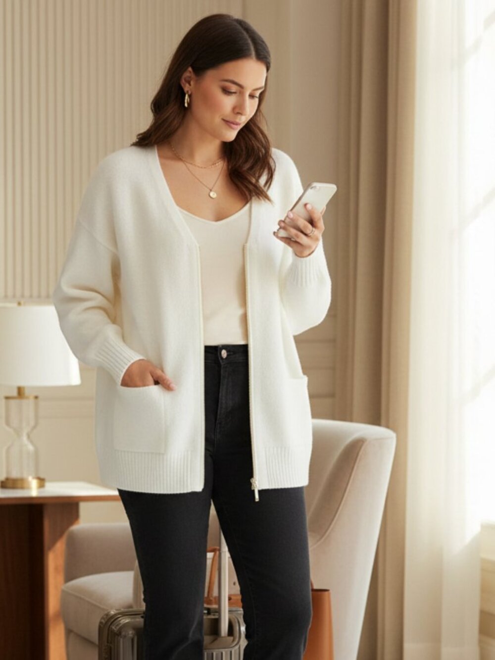 Splendid Zeena Two-Way Zip Cardigan White Large Cozy Knit Gold Hardware As-Is